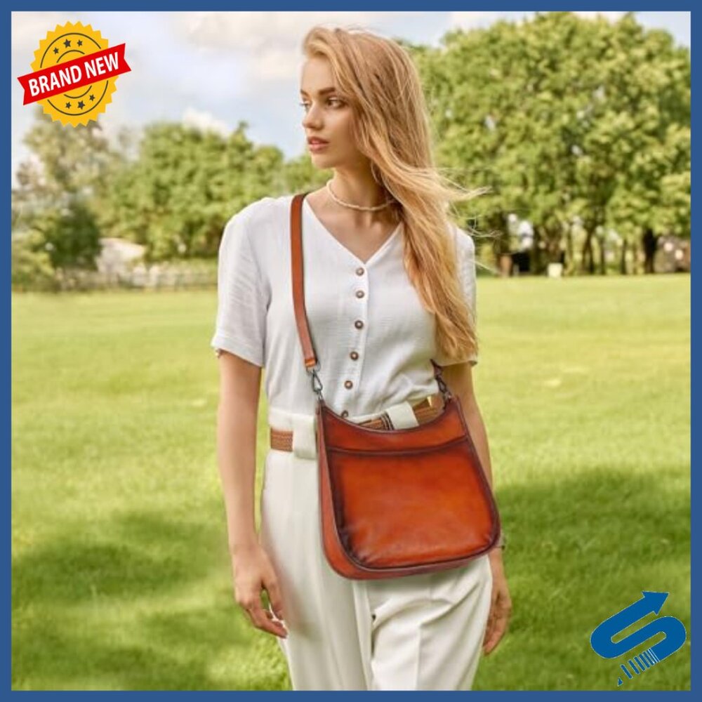 Genuine Leather Crossbody Bag with Boho Strap, Multiple Pockets, Adjustable - Picture 2 of 7